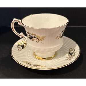Royal Tara Black Gold Trim Swirl Design Tea Cup Saucer Ireland Vintage